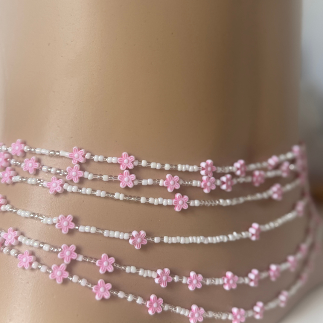 waist beads, white clear waist beads with flower charms,beaded body jewellery