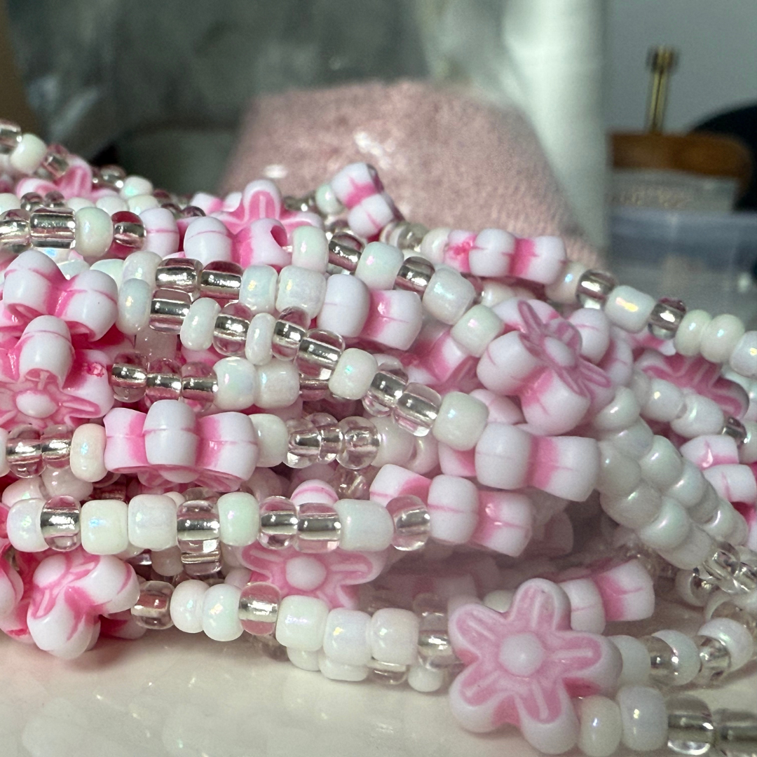 waist beads, white clear waist beads with flower charms,beaded body jewellery