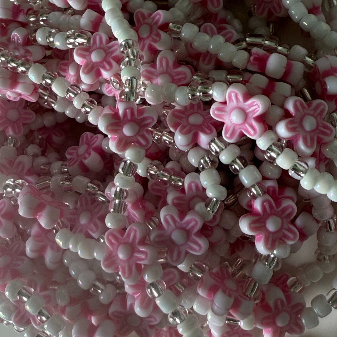 waist beads, white clear waist beads with flower charms,beaded body jewellery