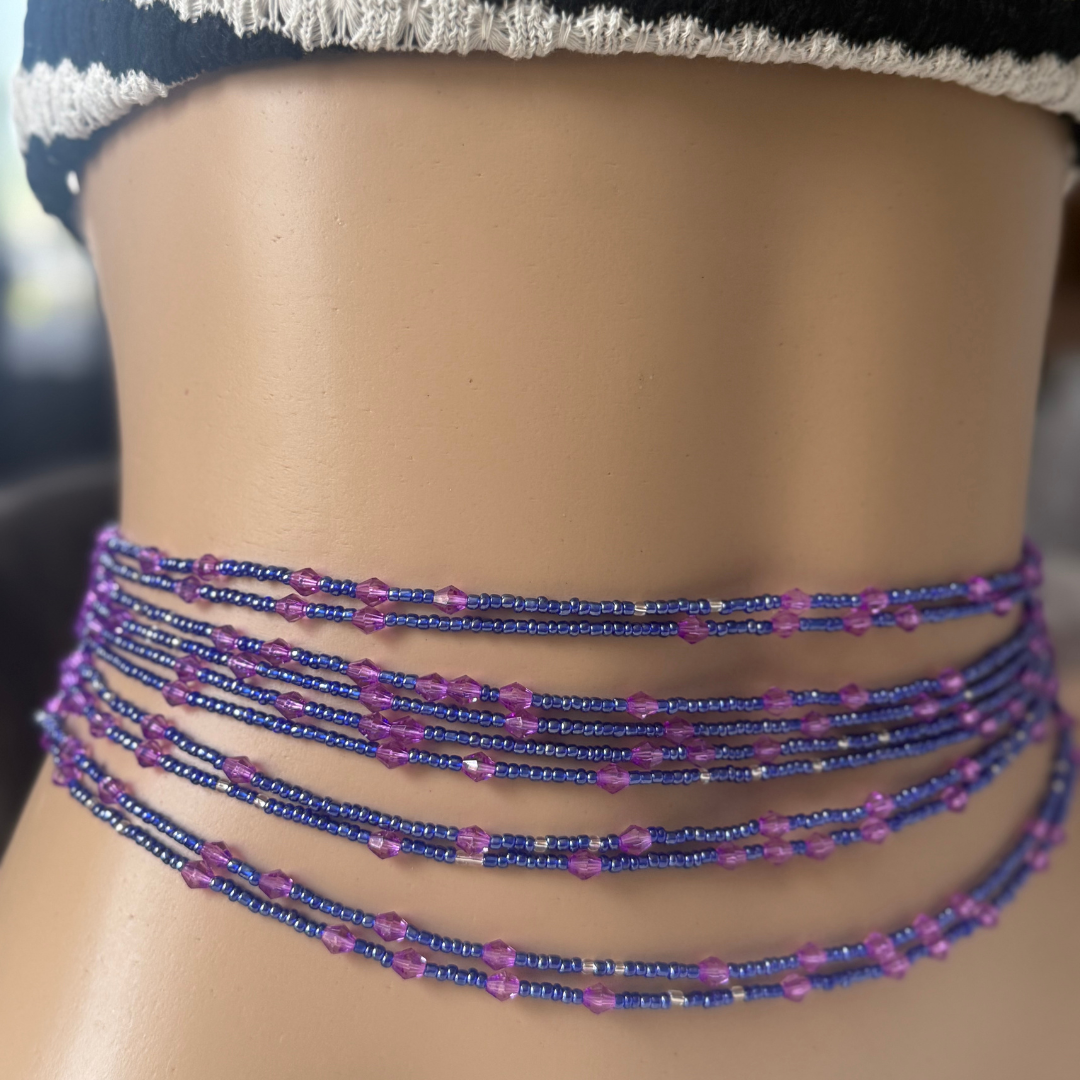 Sirens Light tie-on waist beads for women – handmade African-inspired beaded jewelry featuring iridescent crystal beads in pastel tones, perfect for body adornment, waist training, and feminine energy alignment.