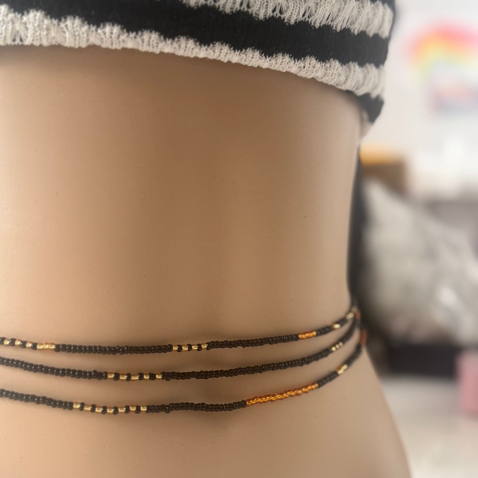 black and gold tie on waist beads for weight loss, beaded waist beads, african waist beads