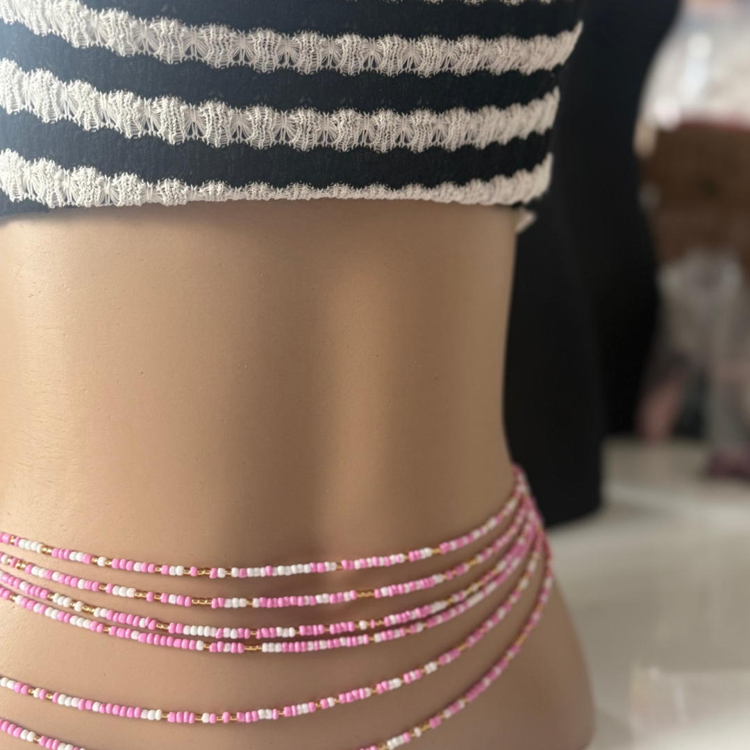 waist beads, pink white gold waist beads tie on, clasped waist beads body jewellery
