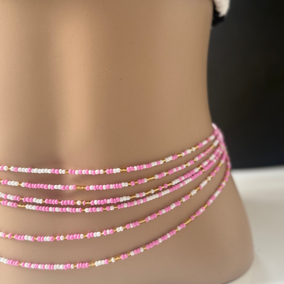 waist beads, pink white gold waist beads tie on, clasped waist beads body jewellery