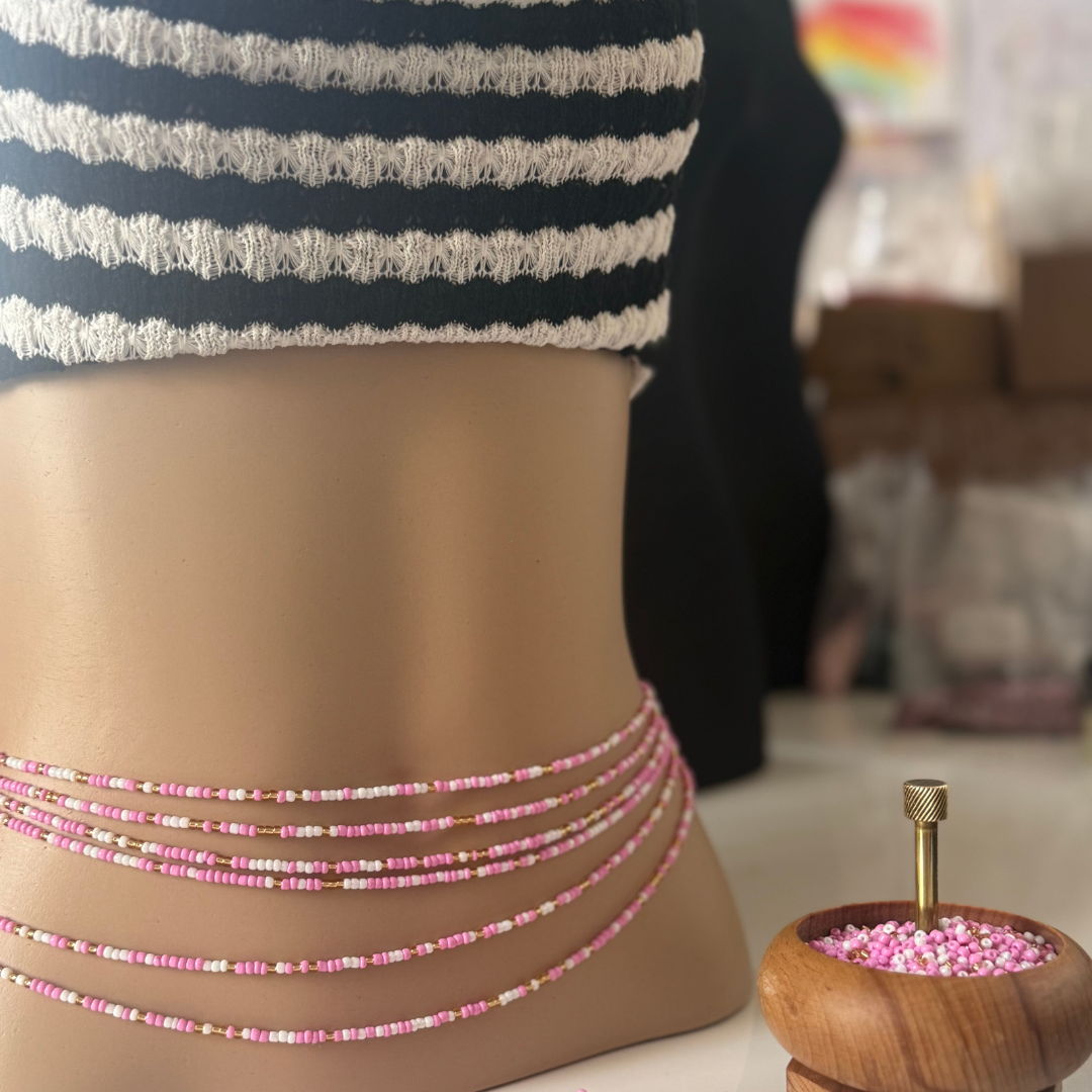 waist beads, pink white gold waist beads tie on, clasped waist beads body jewellery
