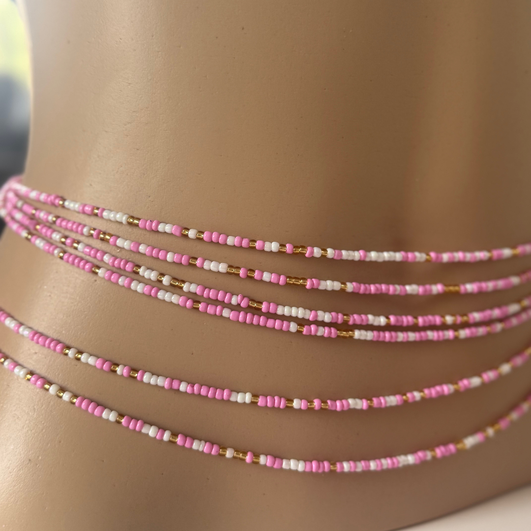 waist beads, pink white gold waist beads tie on, clasped waist beads body jewellery