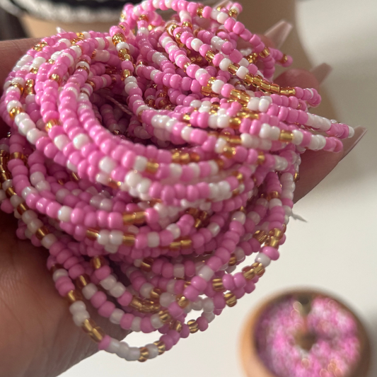 waist beads, pink, white and gold waist beads tie on, clasped waist beads body jewellery