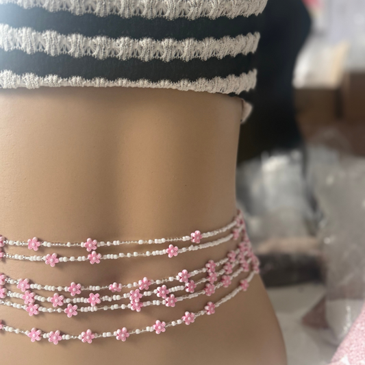 waist beads, white clear waist beads with flower charms,beaded body jewellery