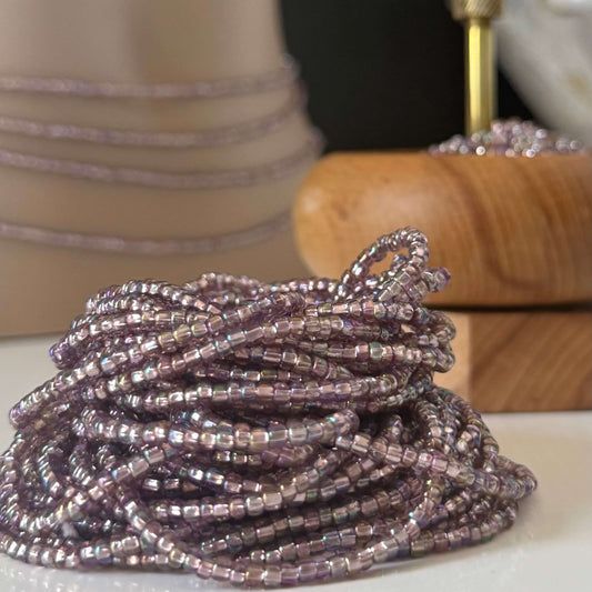 waist beads, body jewellery, hip chain, translucent purple waist beads, tie-on waist beads, clasp waist beads, African waist beads