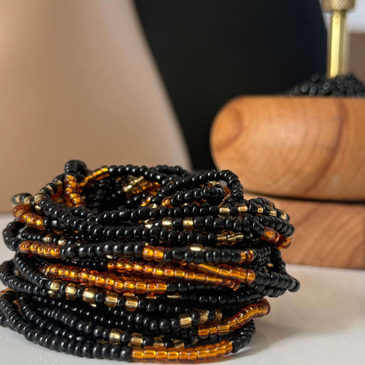 black and gold tie on waist beads for weight loss, beaded waist beads, african waist beads