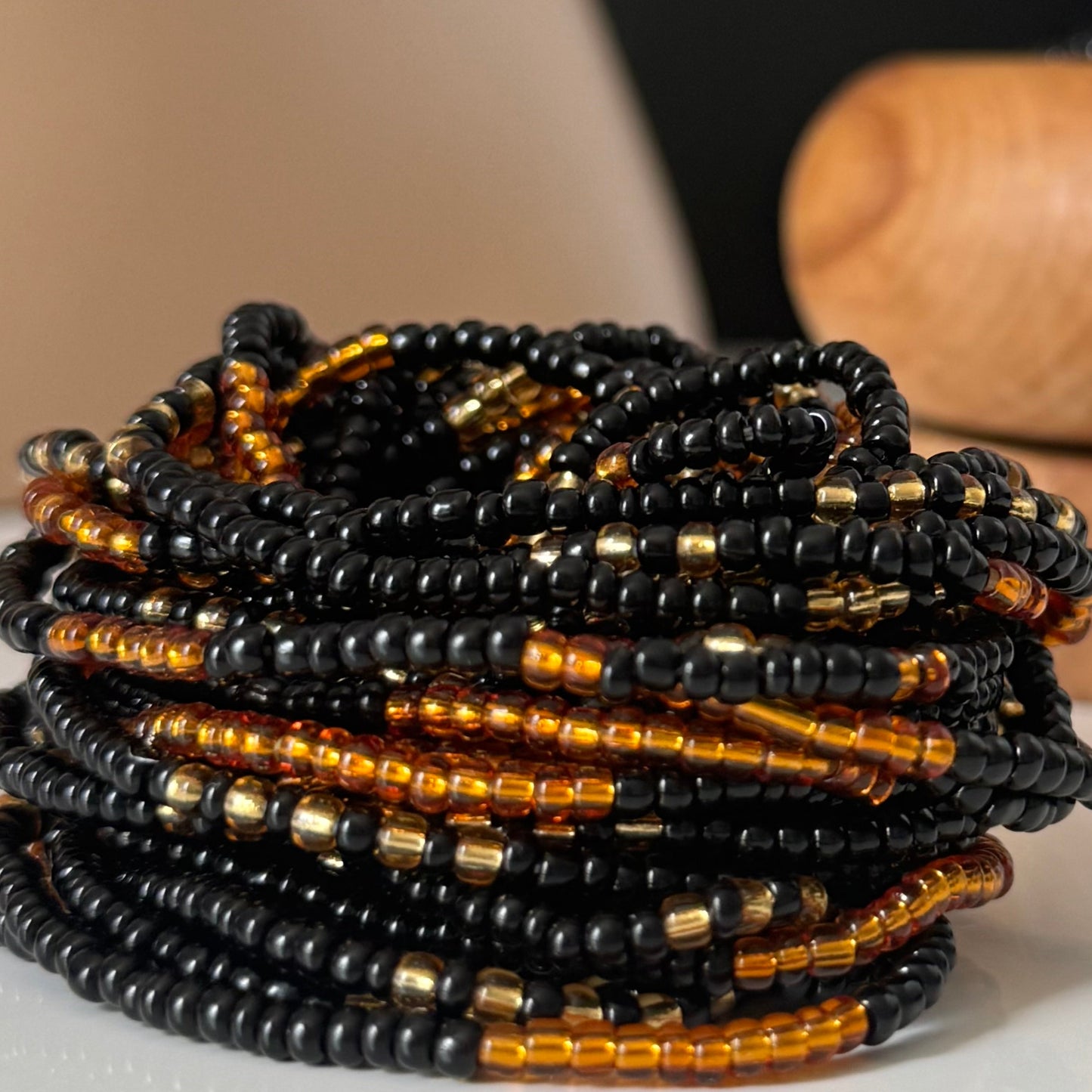black and gold tie on waist beads for weight loss, beaded waist beads, african waist beads
