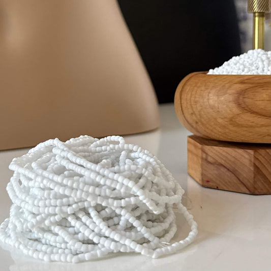 White waist beads for women, delicate translucent white waist beads handmade for healing, self-love, and feminine energy, lightweight body jewellery for everyday wear.